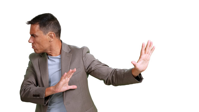Man making stop gesture refusing, avoiding, denying transparent background