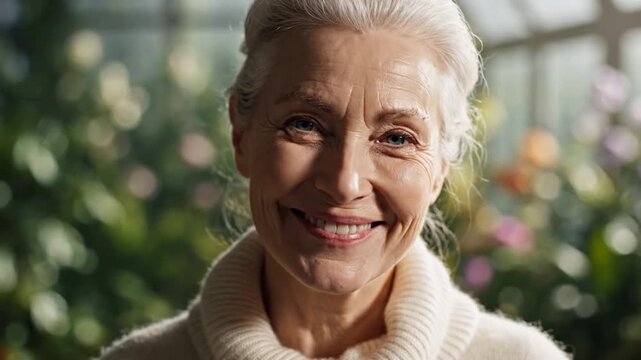 Portrait of a happy 60 year old women smiling in a garden room