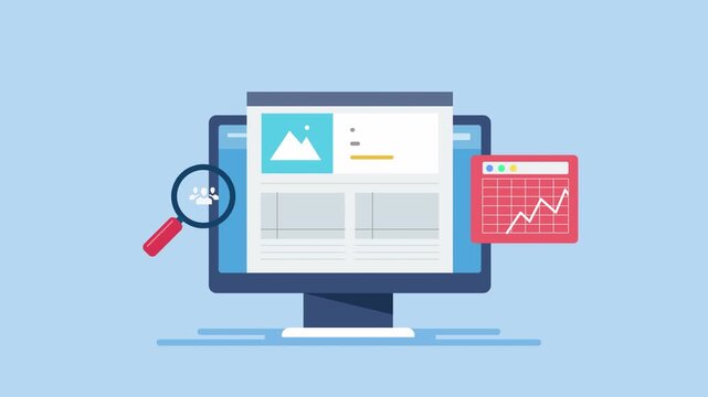 Website SEO ranking. SEO traffic increasing. Website seo analysis with a magnifying glass, data chart on computer screens  perfect for digital marketing materials and website content.