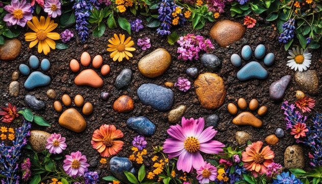 colorful paw print stones and smooth pebbles on dark soil surrounded by vibrant pink, purple, yellow and orange flowers and green leaves, playful joyful garden arrangement