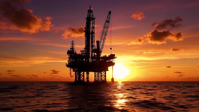 Offshore Drilling Rig at Sunset - A jackup drilling rig is silhouetted against a dramatic sunset over the open ocean.