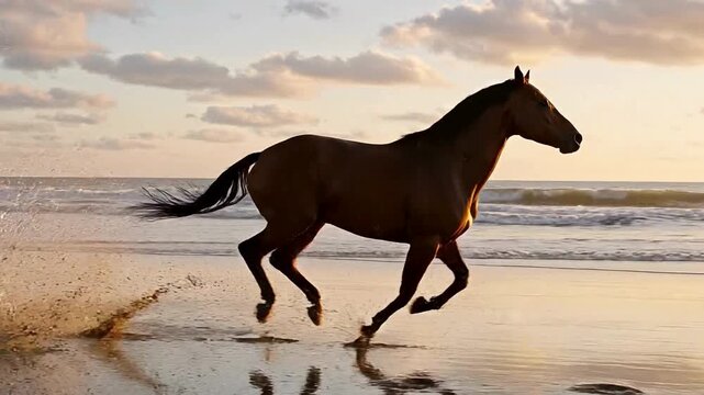 A majestic bay horse gallops through shallow ocean water on a sandy beach at sunset a dynamic symbol of freedom and natural power