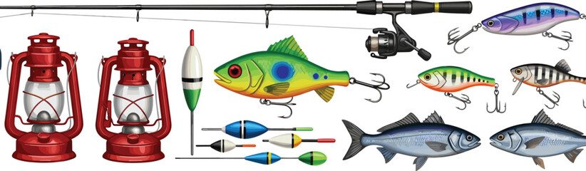 Fototapeta premium Fishing Equipment Collection with Rod Reel Lures Floats Lanterns and Fish Outdoor Angling Vector Illustration Set