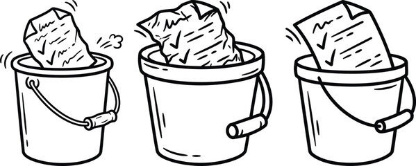 Obraz premium Workflow process of documents in buckets from crumpled to organized checklist with black and white line art document crumpled checklist completed