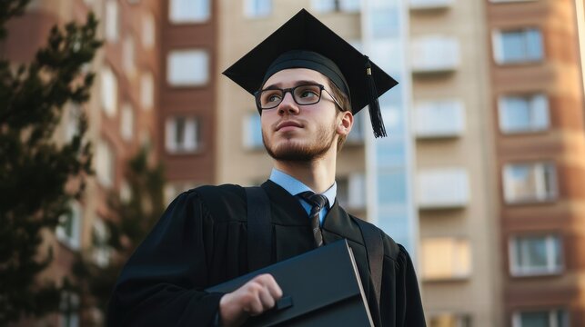 Young man in graduation cap and gown holding a briefcase looking confidently towards the future symbolizing career success and new beginnings in a modern urban setting