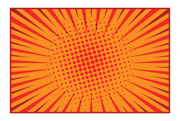 Comic book background with red and orange radial rays and halftone dots illustration. © Designbundle