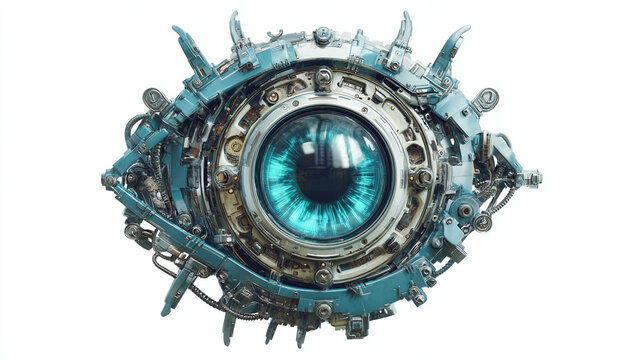 A futuristic cyborg eye with mechanical components on a white background