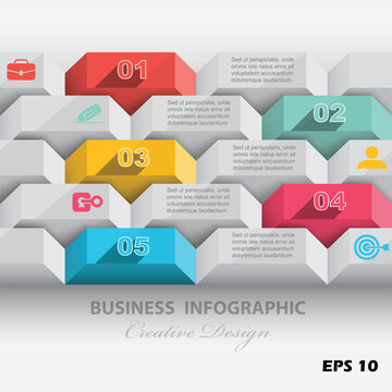 5-Step Modern 3D Business Infographic. Professional Vector Template with Staggered Geometric Tabs, Long-Shadow Numbers, and Strategic Business Icons.