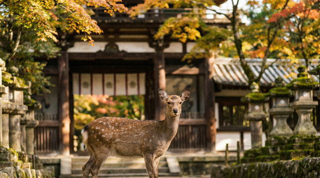 Sika Deer Near Ancient Japanese Temple Nara