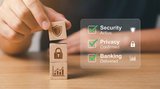 Hand placing shield icon on wooden block with security privacy and banking icons on table