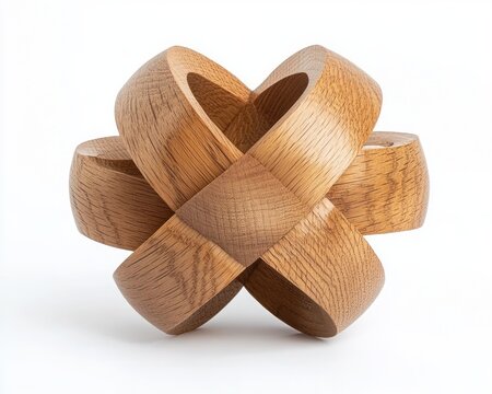Interlocking wooden rings forming a complex spherical knot puzzle on white background, smooth oak grain and warm tones evoking calm, balanced craftsmanship