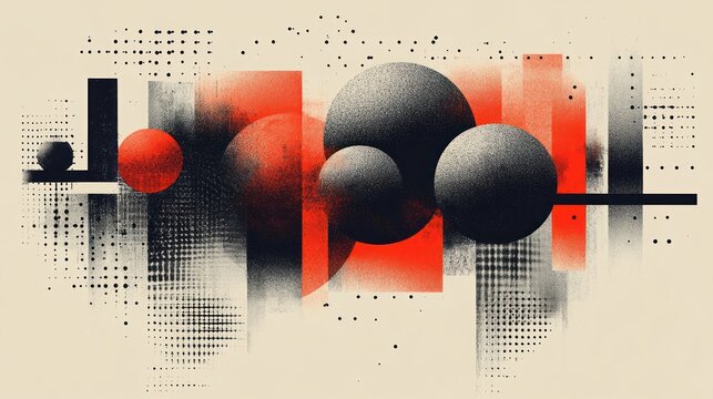 abstract geometric composition with textured spheres, overlapping red rectangles, black bars, dotted halftone grids and gritty gradients conveying dynamic modern energy