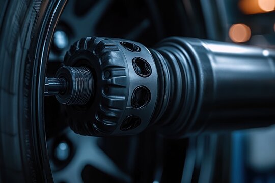 Close-up of metallic wheel hub, threaded axle and cylindrical shock absorber beside tire rim, sleek cool-blue industrial precision and focused technical intensity