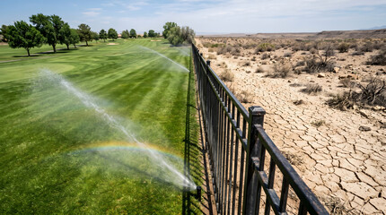 Naklejka premium A stark contrast between a lush green golf course with active sprinklers and a parched cracked desert landscape separated by a fence