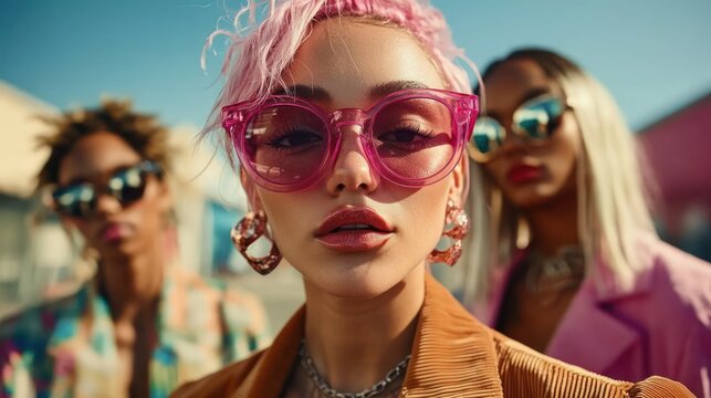 Three stylish people outdoors with blurred faces: front figure with pink hair, pink sunglasses and corduroy jacket, flanked by two fashionably dressed companions, confident bold mood