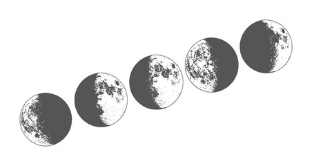 Five gray moon phases depicted with craters and texture white lunar cycle celestial © Salam