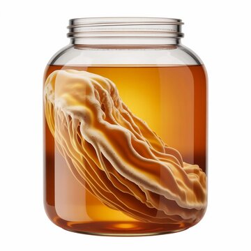 A captivating view of a thick, layered pellicle of a fermenting culture suspended in a clear glass jar filled with amber liquid, representing the process of making a healthy probiotic beverage
