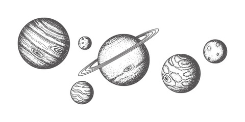 Hand drawn planets and moons in stippled style space astronomy solar system © Salam