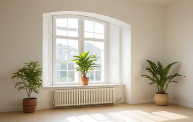 Fototapeta premium Empty room with plants by a window, white walls, and a radiator interior