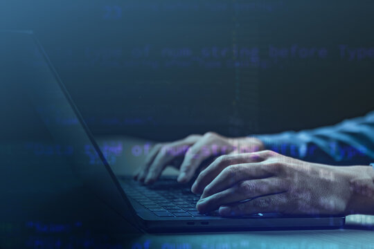 Programmer typing code on laptop with digital interface overlay, representing software development, coding process, debugging, and artificial intelligence programming in modern technology workspace.