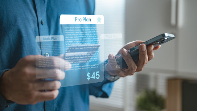 User selecting subscription plan on smartphone with pricing interface, representing recurring billing, premium service access, and digital platform management with automated payment.