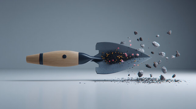 Floating metal hand shovel with wooden handle dispersing soil and stones in dark studio atmosphere