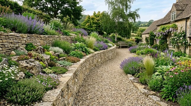 Peaceful outdoor space with perennial plantings and a neatly laid gravel path.
