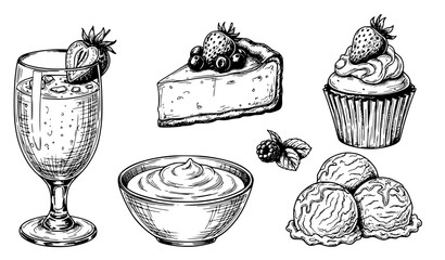 Hand drawn strawberry dessert sketch collection with smoothie cupcake cheesecake ink vector illustration © MdShojib