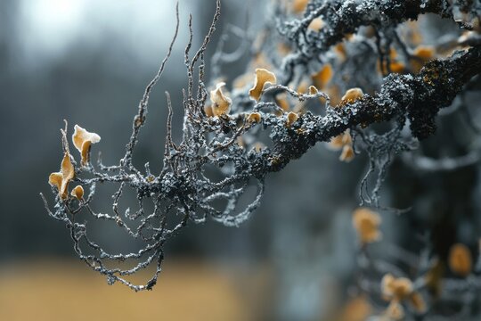 Close-up of frost-covered branch with delicate yellow cup lichens and tangled twigs, evoking quiet winter melancholy
