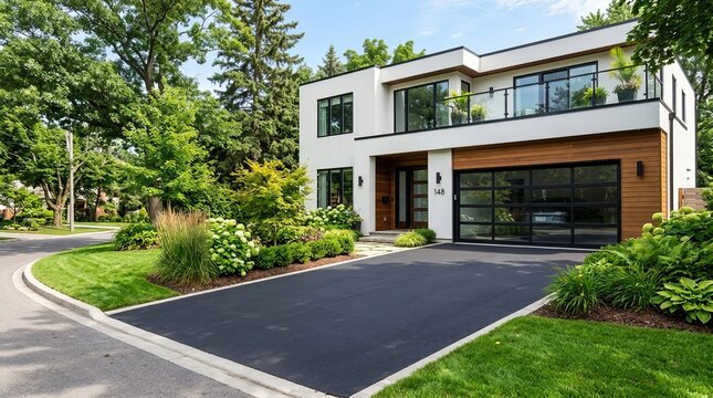 New asphalt driveway leading to a modern white house with a glass garage door.