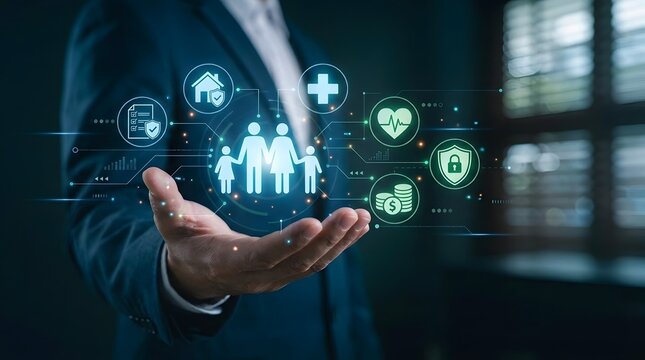 Abstract Male Hand Protecting a Secure Family Icon Signifying Insurance Management Planning Health Care Finance Property Risk Reduction Safety Policy and Life Protection Coverage Service