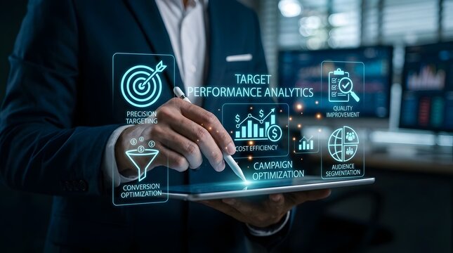 Professional marketing strategist evaluating business growth performance with precision targeting data conversion optimization analytics metrics cost efficiency and digital advertising strategy.