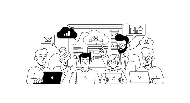 Team collaborates on cloud computing project with clean lines, using laptops and tablets in a modern monochrome style, conveying a sense of teamwork and technological advancement.