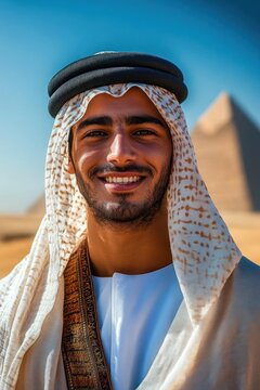 Man in white robe and patterned headscarf with black agal standing in desert with pyramids under a clear blue sky, calm and proud presence