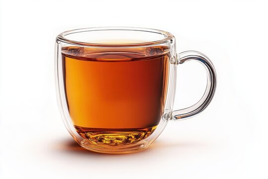 clear double-walled glass mug filled with warm amber tea on a white background, calm and inviting