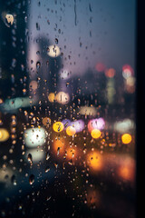 Fototapeta premium Raindrops sliding down glass window with blurred city lights in background, cinematic bokeh