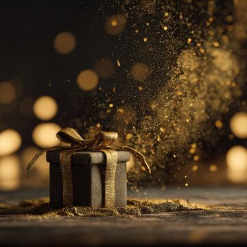 Luxury black gift box with gold ribbon and exploding golden glitter dust explosion particles