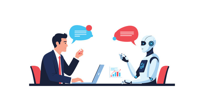 Professional businessman having a conversation with an artificial intelligence robot at a desk illustrating human-robot collaboration in the future workplace.
