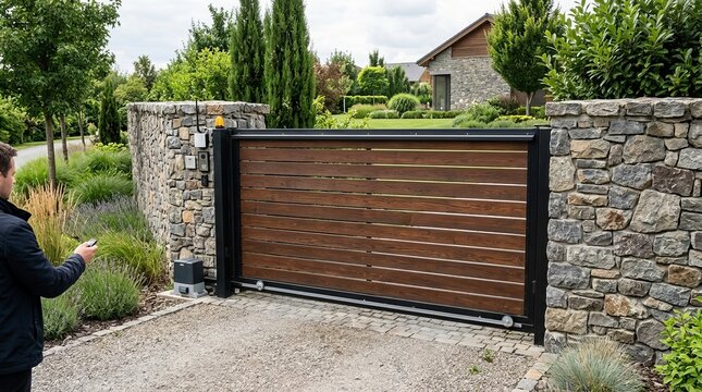 Modern wooden plank gate design with remote control functionality for home protection.