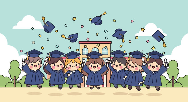 Group of graduates celebrating in blue gowns.