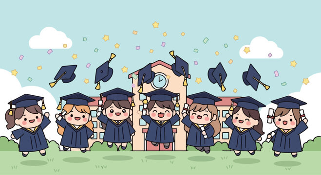 Group Of Graduates In Caps And Gowns Celebrating Graduation.