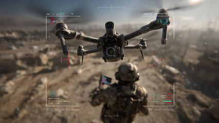 Fototapeta na wymiar Military drone army technology used by soldiers in combat zone