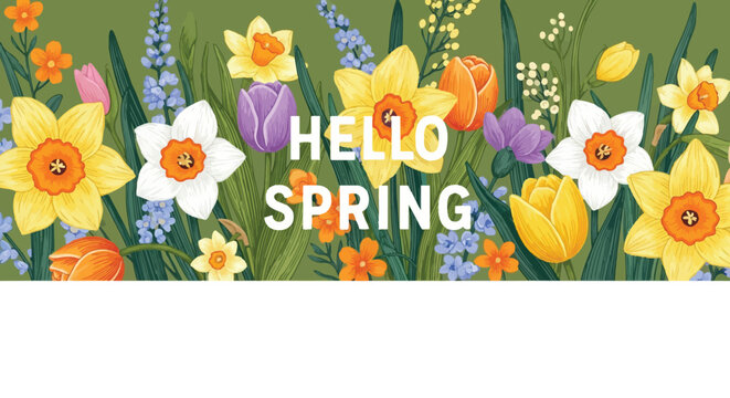 Vibrant spring flowers with hello spring text on green background