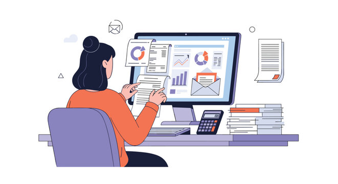 Professional woman working at a computer desk analyzing financial data and charts while managing numerous paper documents and emails.