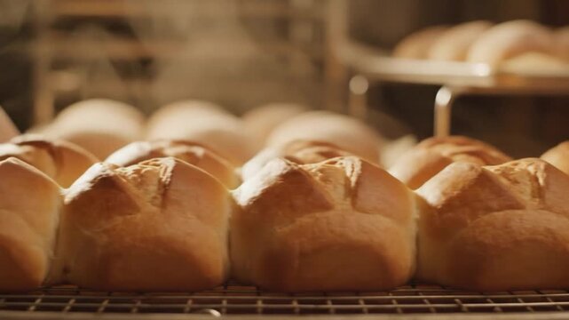 Golden Brown Baked Rolls With Scored Tops Sit Cooling on a Wire Rack in a Traditional Bakery Setting