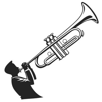 Black silhouette trumpet player, musical instrument icon, jazz music symbol, brass trumpet illustration
