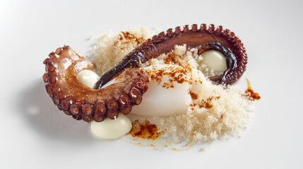 Naklejka premium grilled octopus tentacle with chorizo on a plate