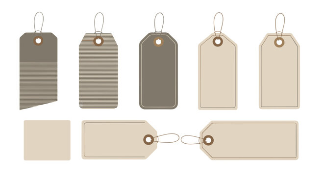 Collection of blank paper price tags and gift labels in various shades of brown and beige with string loops for retail or gifts.