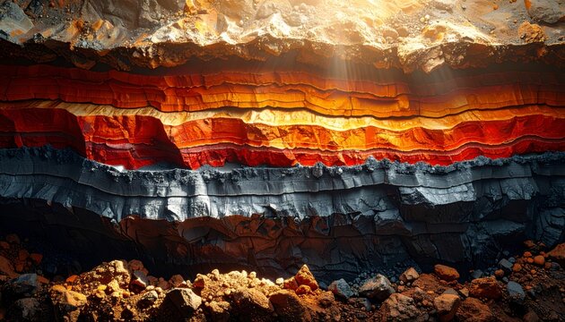 Geological cross-section revealing vibrant, distinct layers of sediment and rock formations.