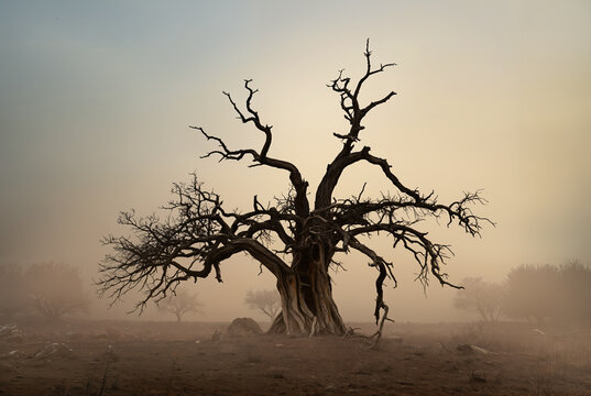 Generated artificial photo-realistic illustration of a dead or dying tree in the middle of a desolate misty landscape background.